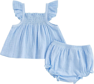Baby Girl Summer Clothes Cute Basic Plain Cotton Linen Ruffle Tops Dress Shorts Outfits Set Shirt Princess Outfit