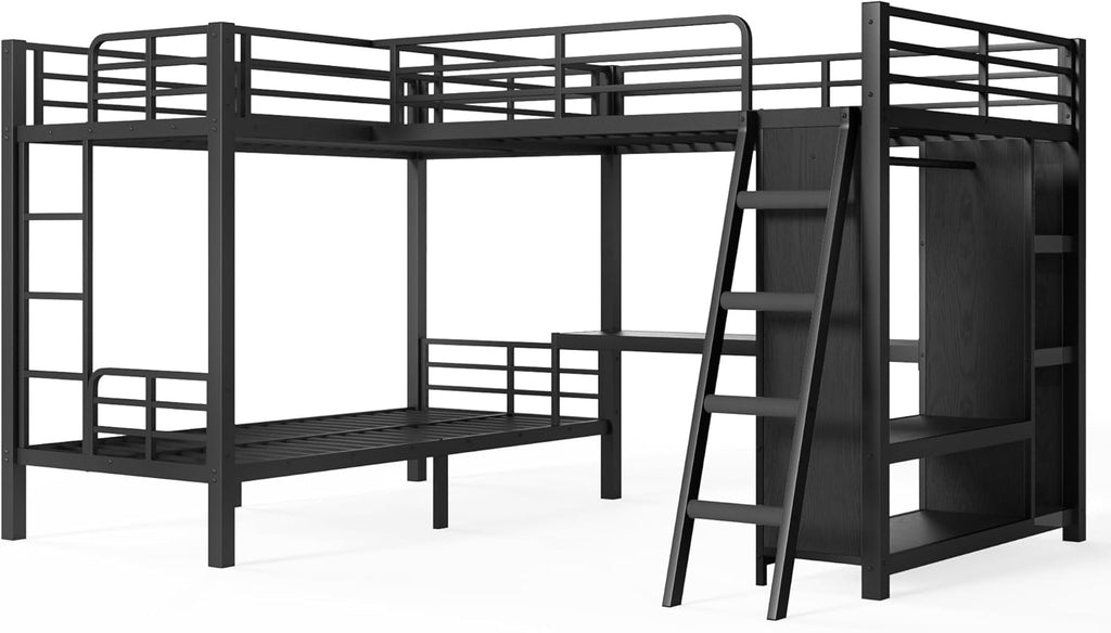 L-Shaped Triple Bunk Bed with Desk, Wardrobe, Twin XL Over Twin XL Bunk Beds with Storage