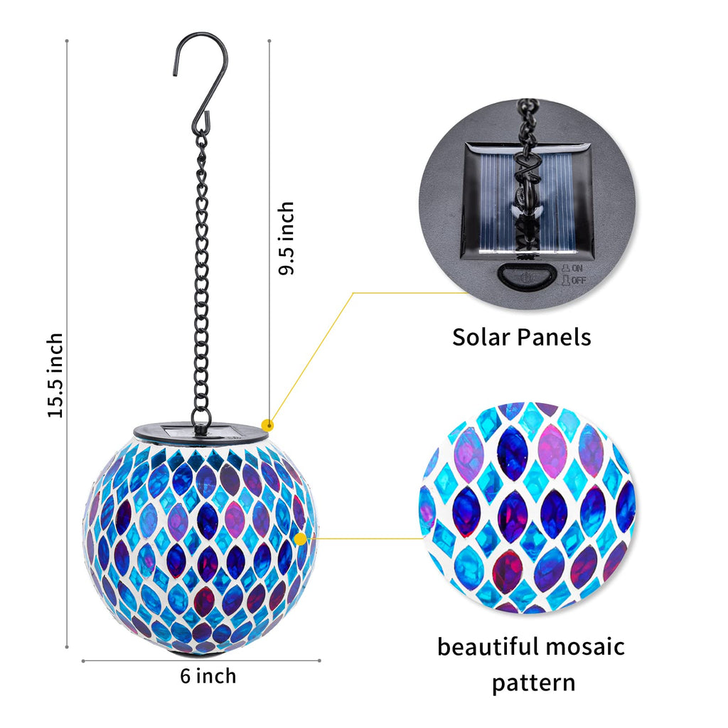 Hanging Solar Lanterns Mosaic Crackle Glass Solar Light, Multicolor