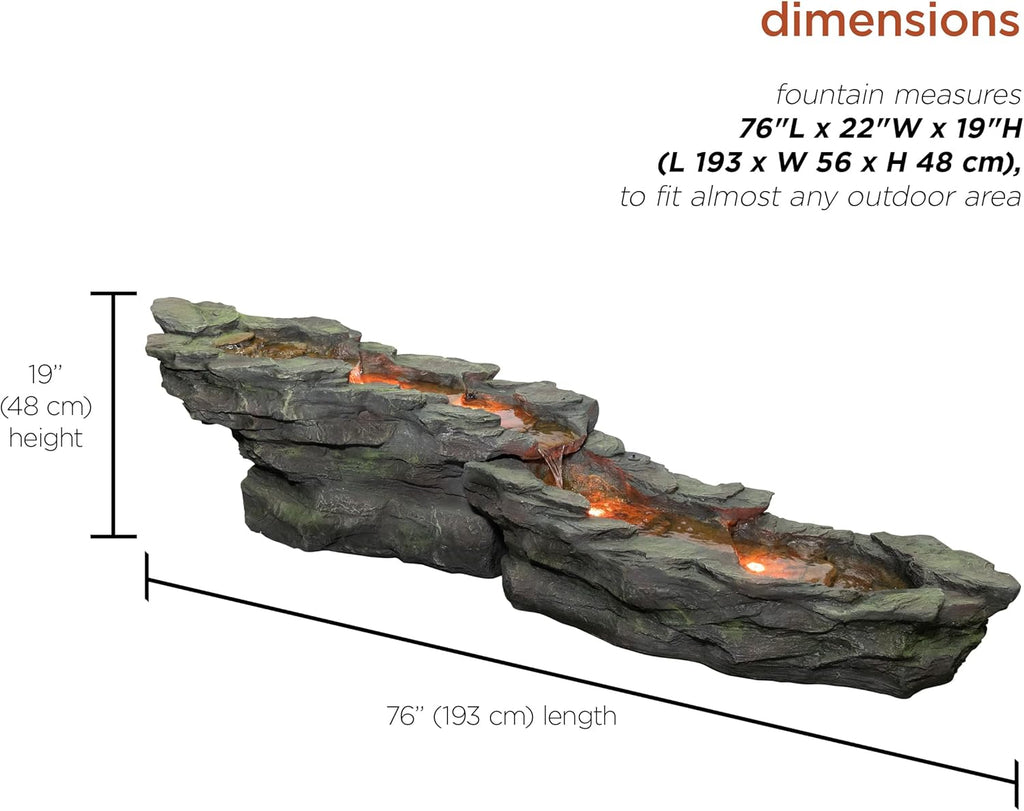 76"L Outdoor Tiered Rocky River Stream Water Fountain - Color-Changing LED Lights Décor - Brown Finish