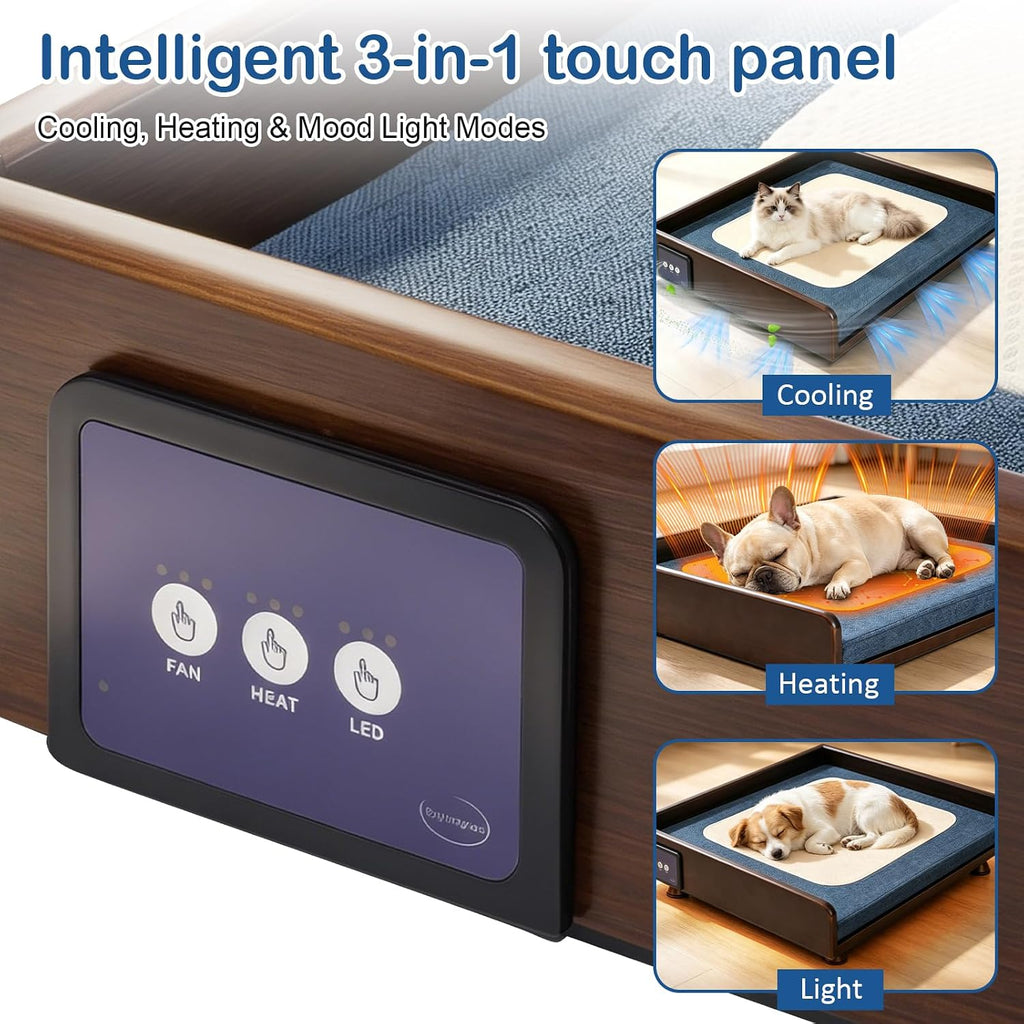 Smart Elevated Dog Bed with Downward Airflow, 3-Level Heating, Washable Pad, Solid Wood Frame for Small and Medium