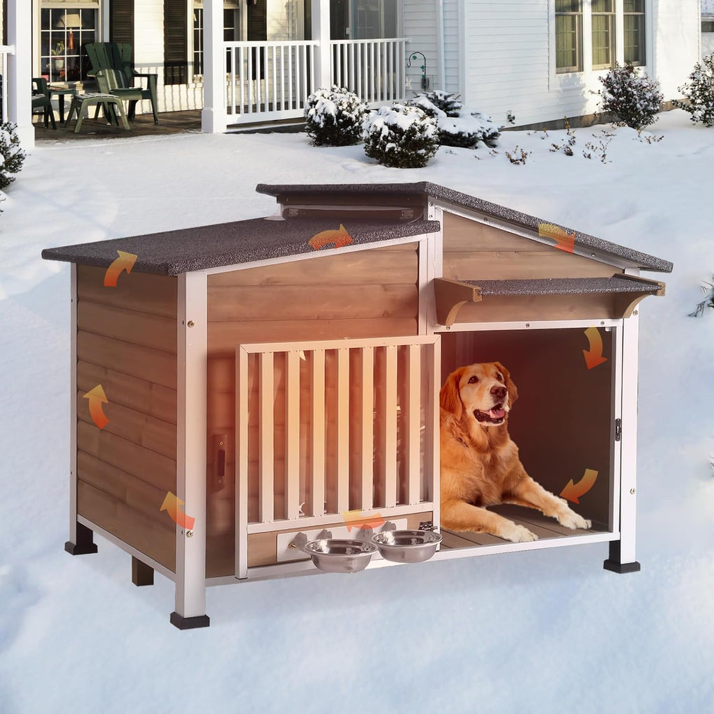 Large Insulated Dog House Outdoor Weatherproof Dog Kennel Shelter with Chew-Proof Full Metal Frame, 360° Rotatable