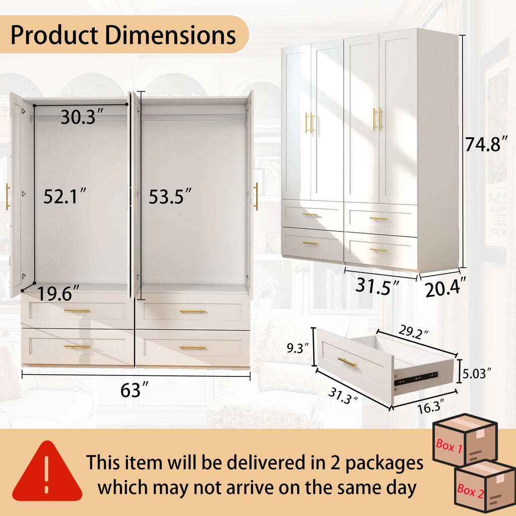 White Wardrobe with 4 Doors and 4 Drawers, 75" Tall x 63" Wide