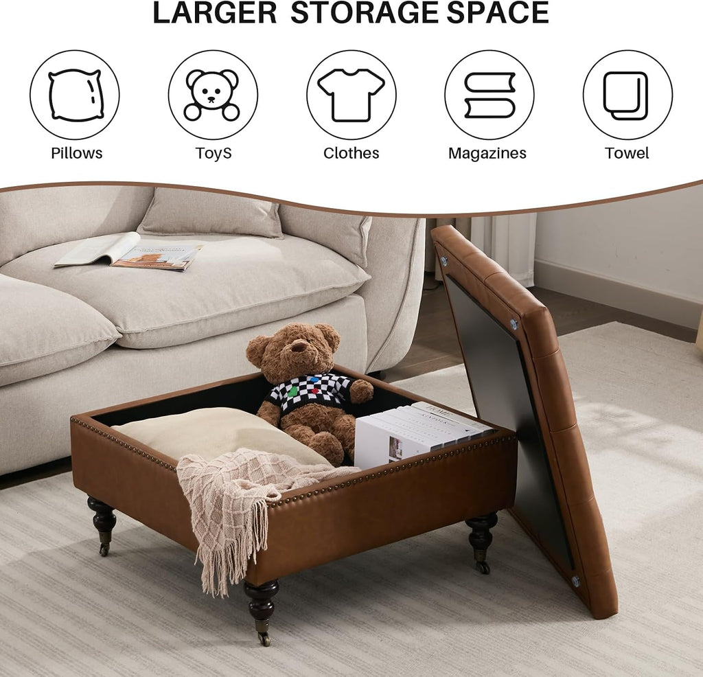 Large Square Storage Ottoman Uphlostered PU Button Coffee Table, Brown | Oversized Footrest Bench With Castered