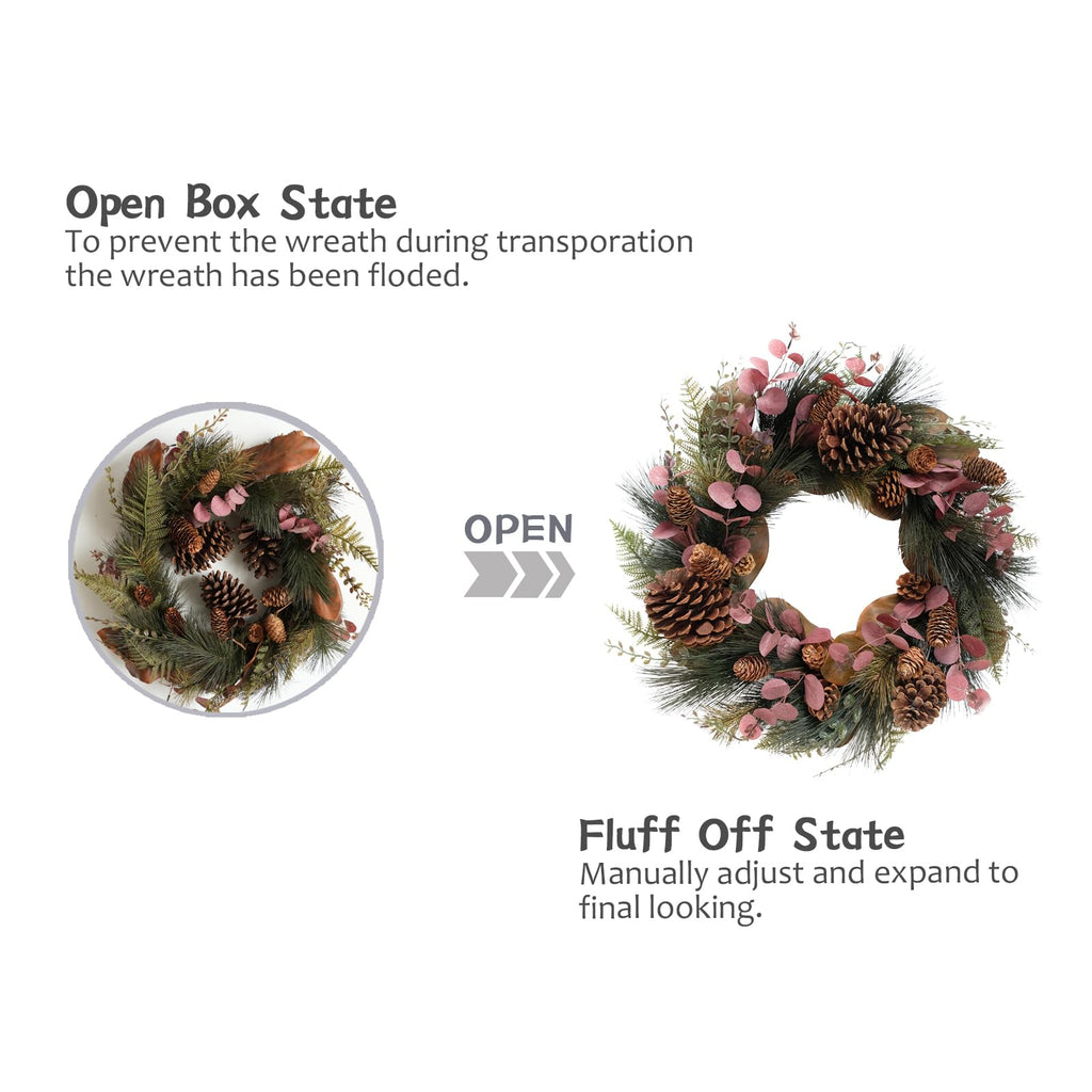 20 inch Winter Wreath Magnolia Leaves Red Eucalyptus Leaves with Pine Needle Pine Cone Wreath for Front Door Harvest