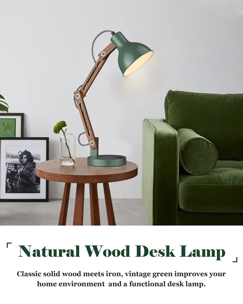 LED Desk Lamp with Wireless Charger, Sapele Wood Reading Light with USB C Charging Port, Swing Arm Table Lamp