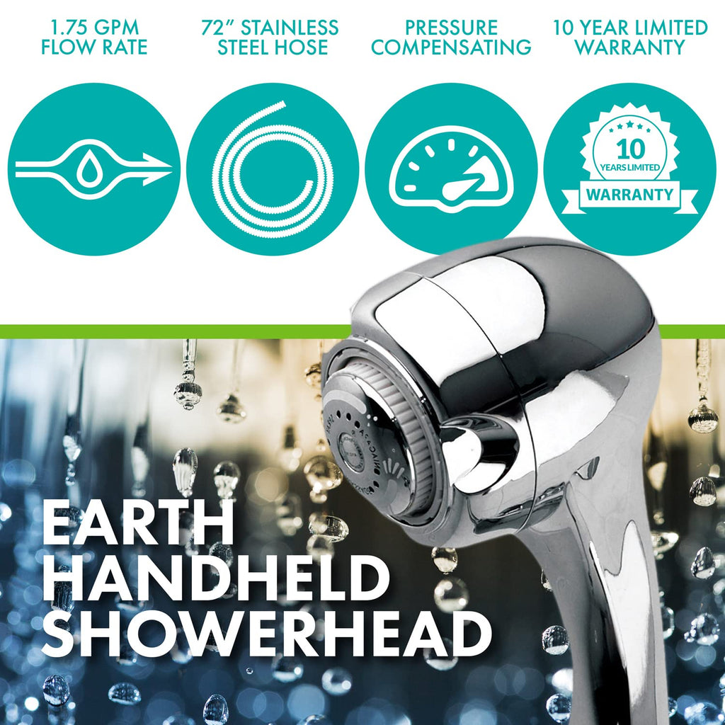 Earth Showerhead - | Energy & Water Saving Handheld Showerhead (1.75 GPM) High-Efficiency 3-Spray Chrome Fixed Hand
