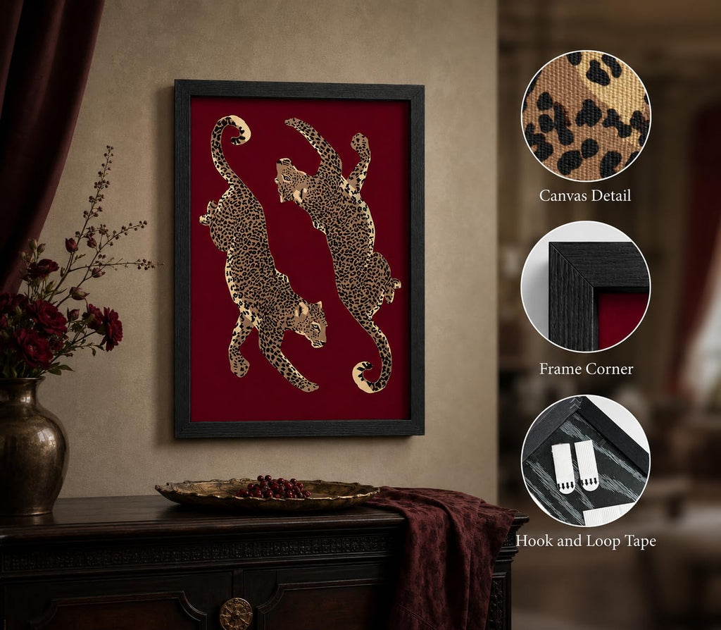 Framed Burgundy Leopard Canvas Wall Art, Vintage Panther Print Wall Decor, Modern Animal Painting, Aesthetic Wild Cat
