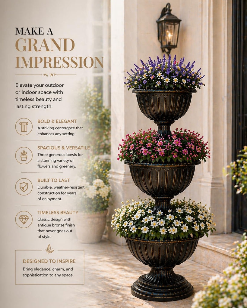 Triple Stacked Flower Bowl Urn Tier Planter for Outdoors, Bronze