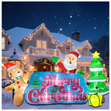 9.2 FT Inflatables Merry Christmas Banner with Santa, Gingerbread Man & Christmas Tree, Blow Ups Outdoor Inflatables
