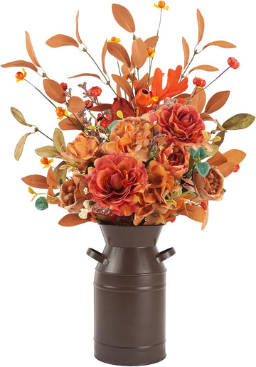 Artificial Fall Flowers with Metal Pot, Hydrangea Arrangement