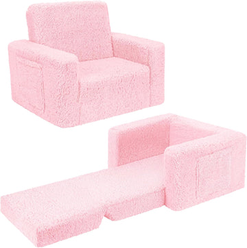 Toddler Couch Convertible Sofa to Lounger Pull Out Couch Sherpa Cover Dark Pink