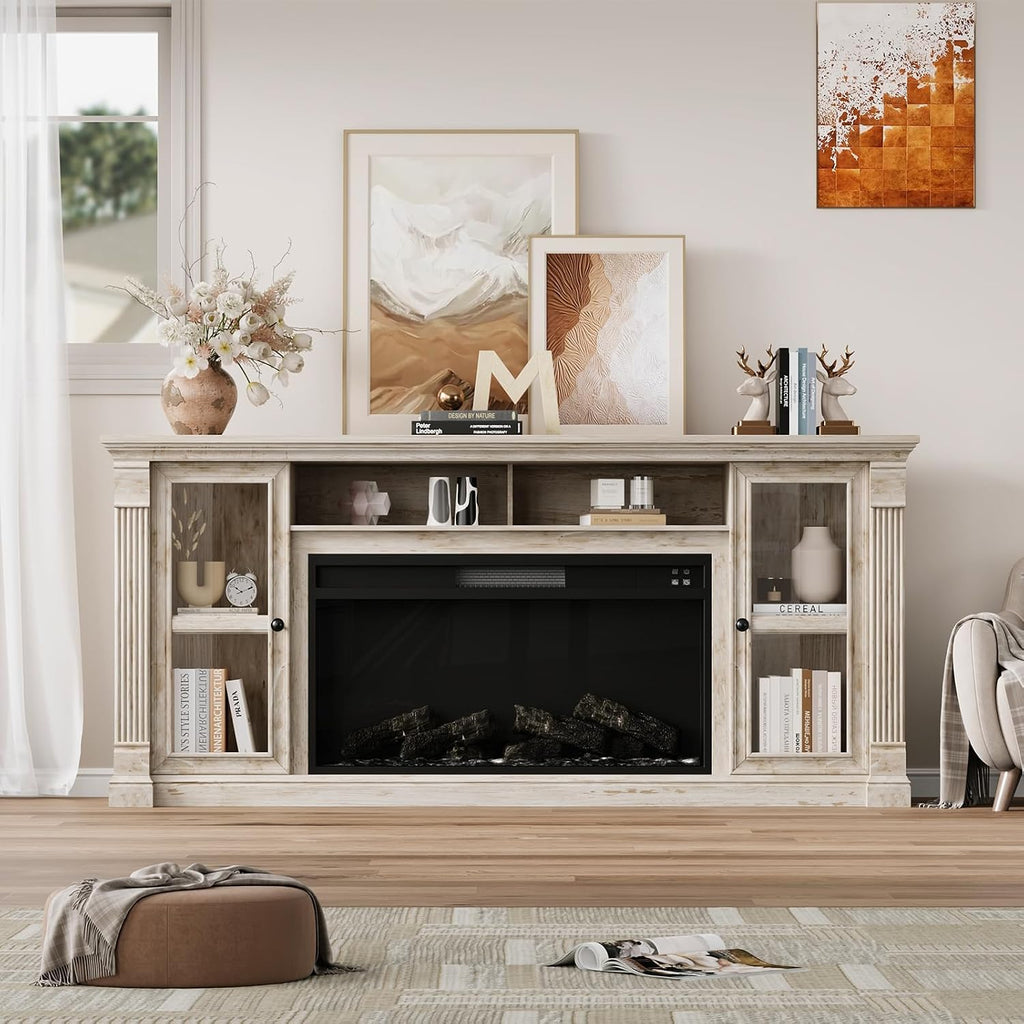 Farmhouse Fireplace TV Stand Up to 80" TVs, 70" Modern Highboy Entertainment Center with 36" Electric Fireplace & LED