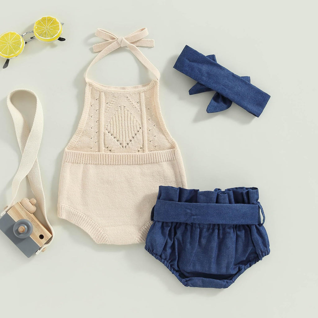 Toddler Baby Girl Summer Outfit Solid Color Tie-Up Halter Neck Knit Sweater Romper Denim Short Headband 3Pcs Clothes