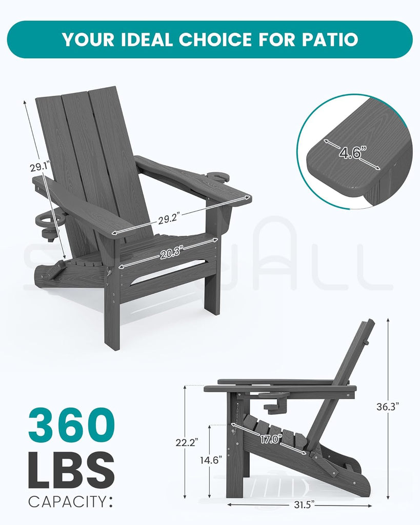 HDPE Modern Folding Adirondack Chair with Dual Cup Holder, Gray | Outdoor All-Weather Lawn Adirondack Chairs Wood