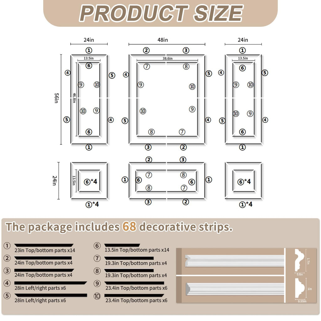 Peel and Stick Wall Molding Kit, 6 Pre-Cut Bilinear Frame Panels