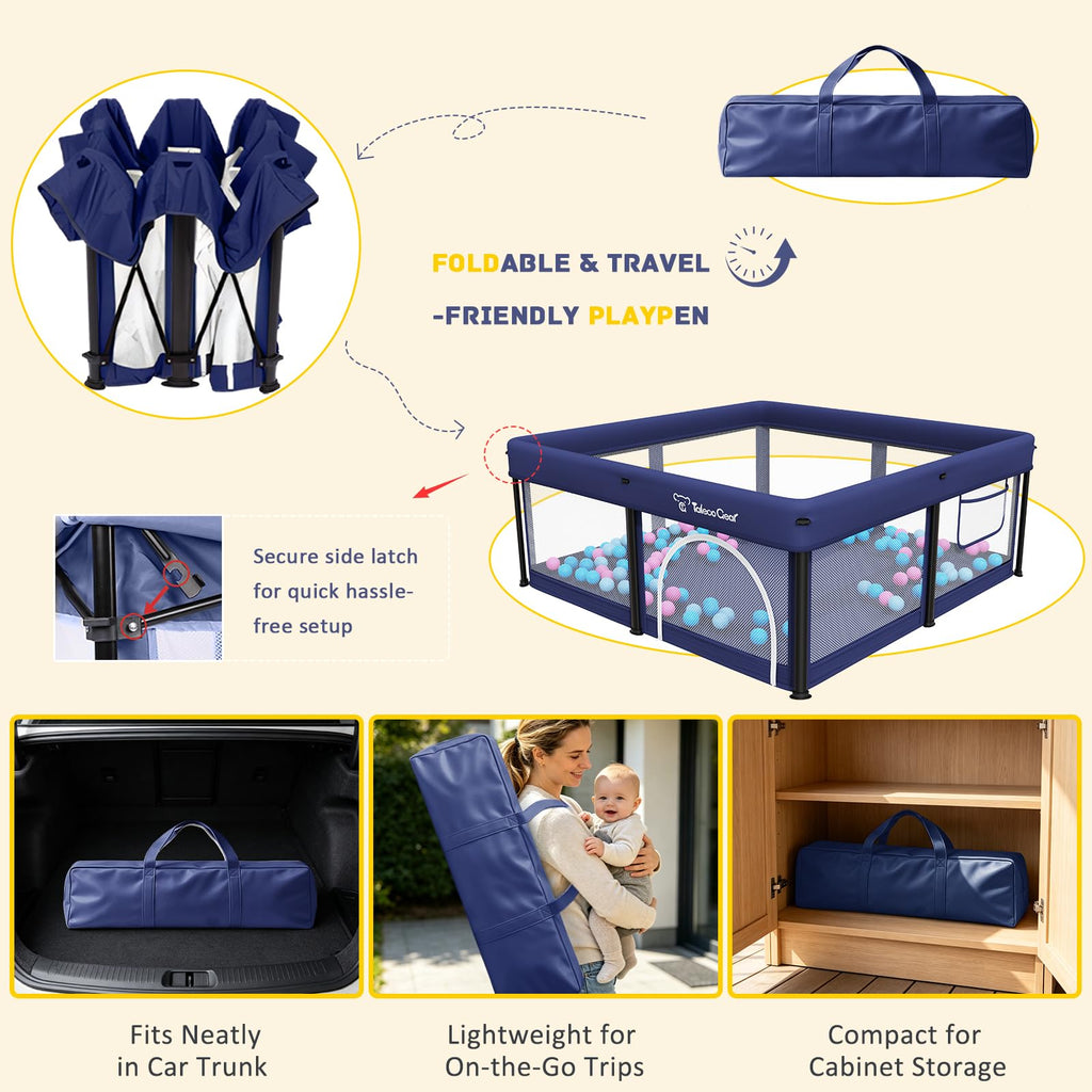 Foldable Baby Playpen with Mat, 50"×50" Collapsible Play Pen for Babies and Toddlers, Indoor & Outdoor Kids Safety