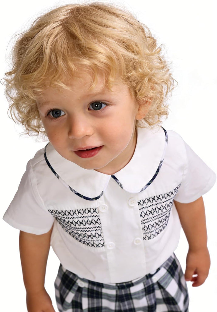 Smocked toddler boy outfits Summer Cotton Short Sleeve boys' button-down shirts Casual 2 piece Clothing Set