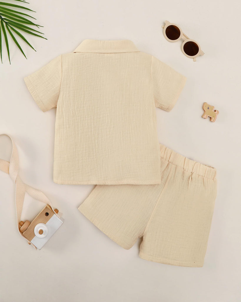 Toddler Boy Outfit - Beige Cotton Linen Button Up Shirt and Shorts Set, Boys Outfits Soft Lightweight
