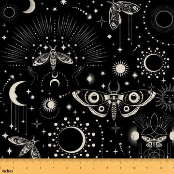 Gothic Style Fabric by The Yard Soft Polyester, Moth Sun and Moon Pattern Waterproof Fabric for Adults, Bohemia Galaxy