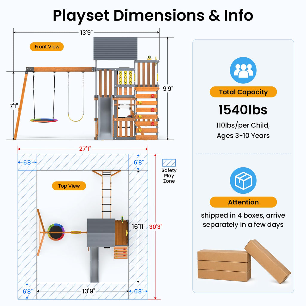 Wooden Swing Sets for Backyard, 12-in-1 Outdoor Playset
