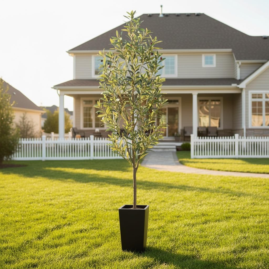 7ft Artificial Olive Tree Decor, 7 ft Large Faux Plant Fake Skinny Silk Trees with Pot for Indoor Outdoor House