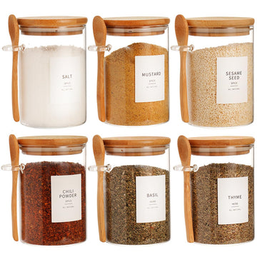 6 Pcs Glass Jar with Bamboo Lid and Spoon - 17 oz Large Sugar Container with 148 Kitchen Pantry Spice Jar Labels