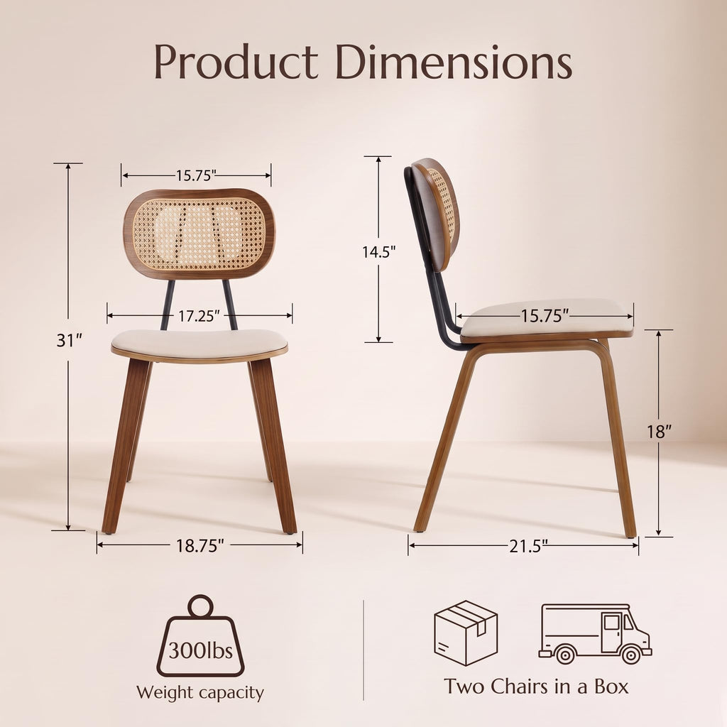 Mid Century Modern Dining Chairs Set of 2, Rattan Back Kitchen Chairs with Solid Wood Frame, Upholstered Faux Leather