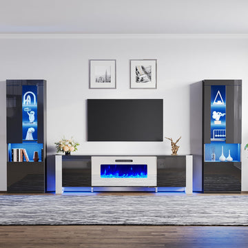 80" Fireplace Entertainment Center Set of 4, Black & White