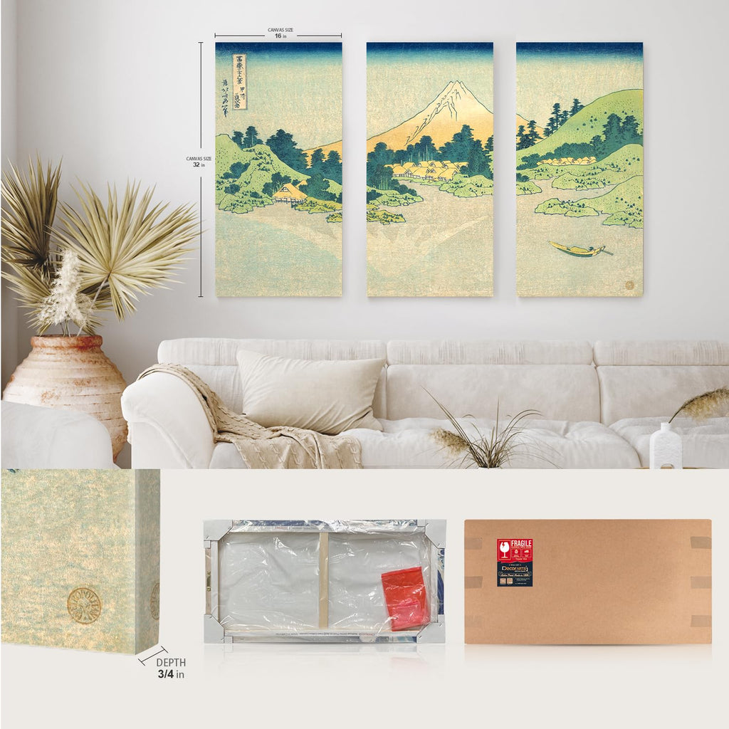 Japanese Wall Art, Mount Fuji Hokusai Zen 3 Piece Canvas, 48x32''
