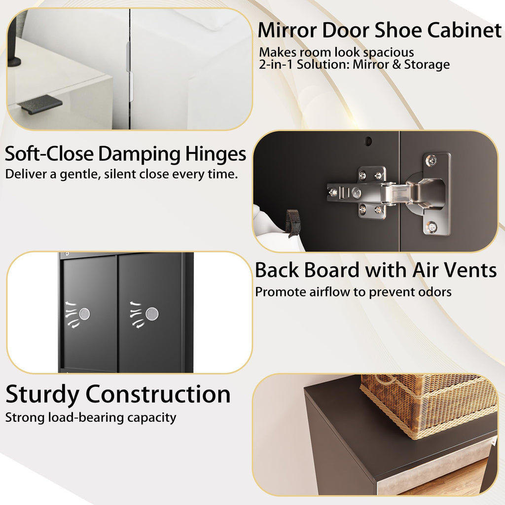 72" Mirror Shoe Cabinet with 6 Doors, Adjustable Shelves