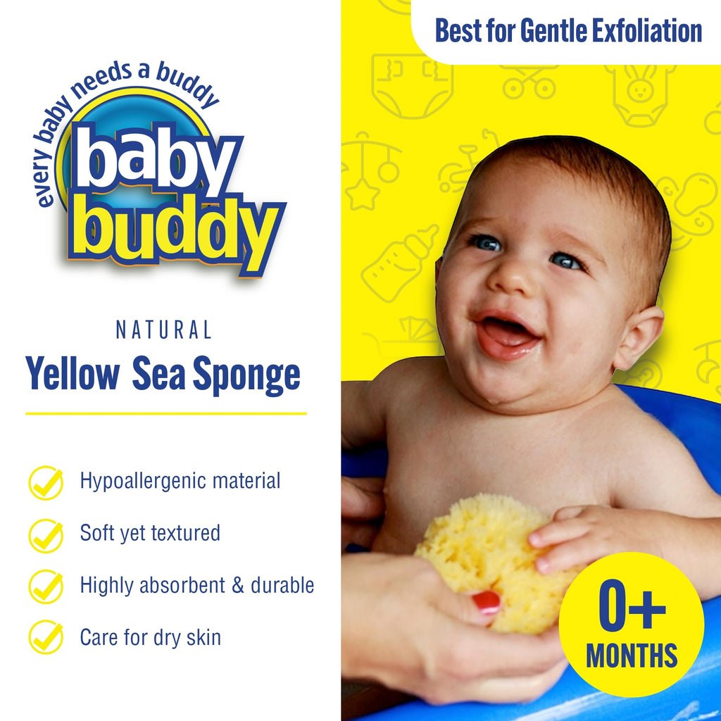 Buddy (1 Count, 4 Inch) Natural Yellow Sea Bath Sponge, Natural Baby Bath Sponge for Newborns and Kids, Soft When
