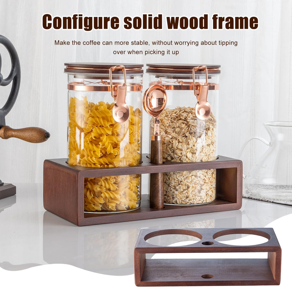 Glass Coffee Container with Wooden Shelf, 2 x 40 FLOZ Coffee Bean Storage with Sealed Closure Clips and Copper Spoon