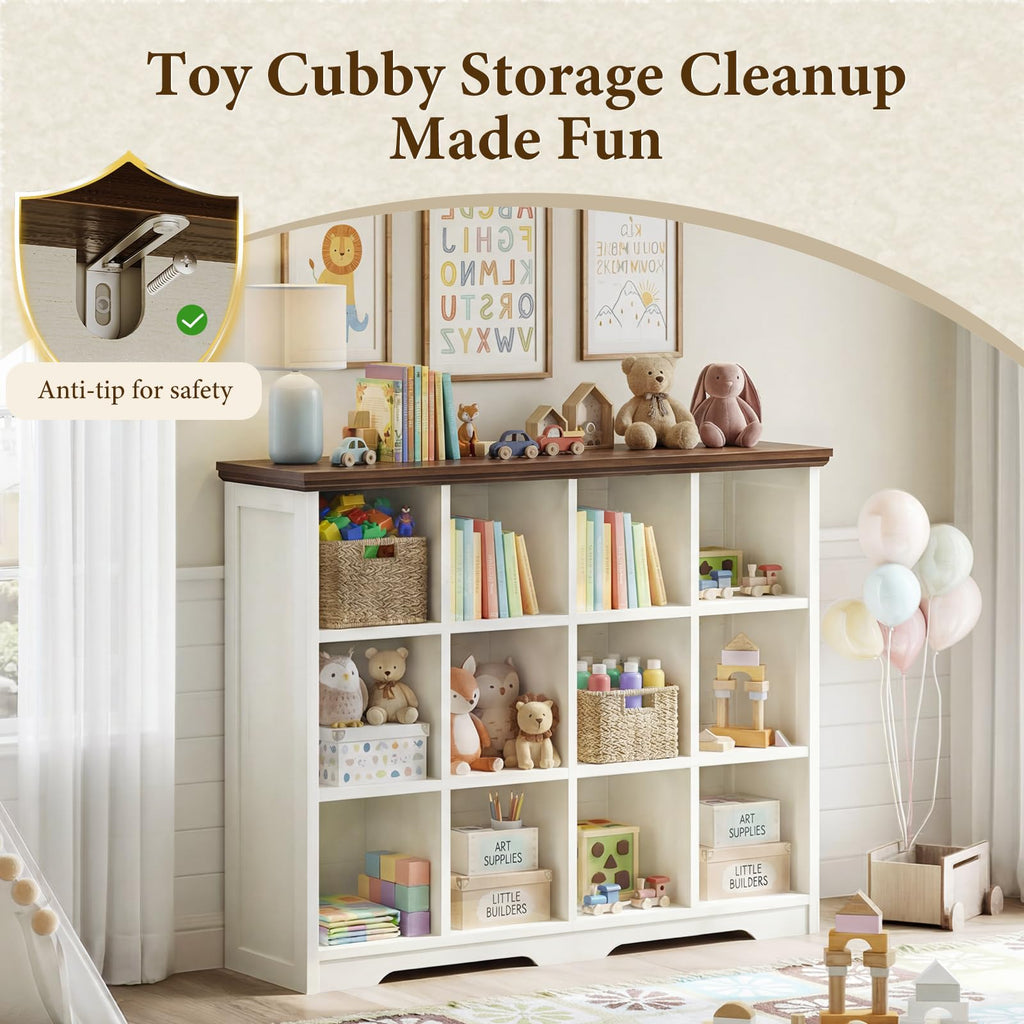 12 Cube Organizer Bookcase, Cube Shelf with Storage, Walnut + White