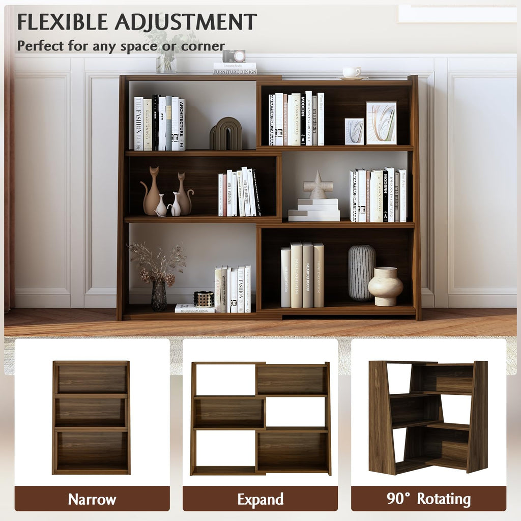 Wooden Extendable Shelf Bookcase, 3-Tier Low Bookshelf, Walnut, S