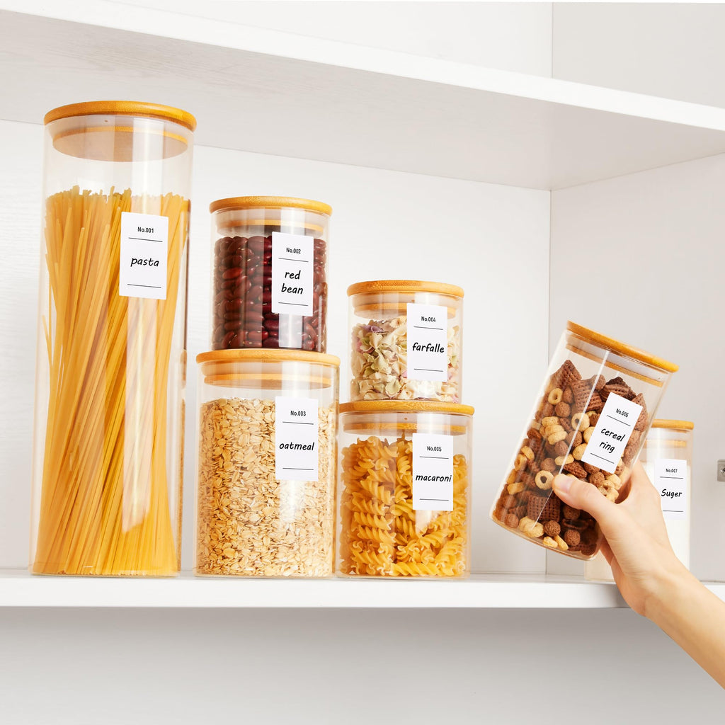 Glass Food Storage Jars, 7 Pack Kitchen Containers with Airtight Bamboo Wooden Lids for Pasta, Cookies, Nuts, Coffee