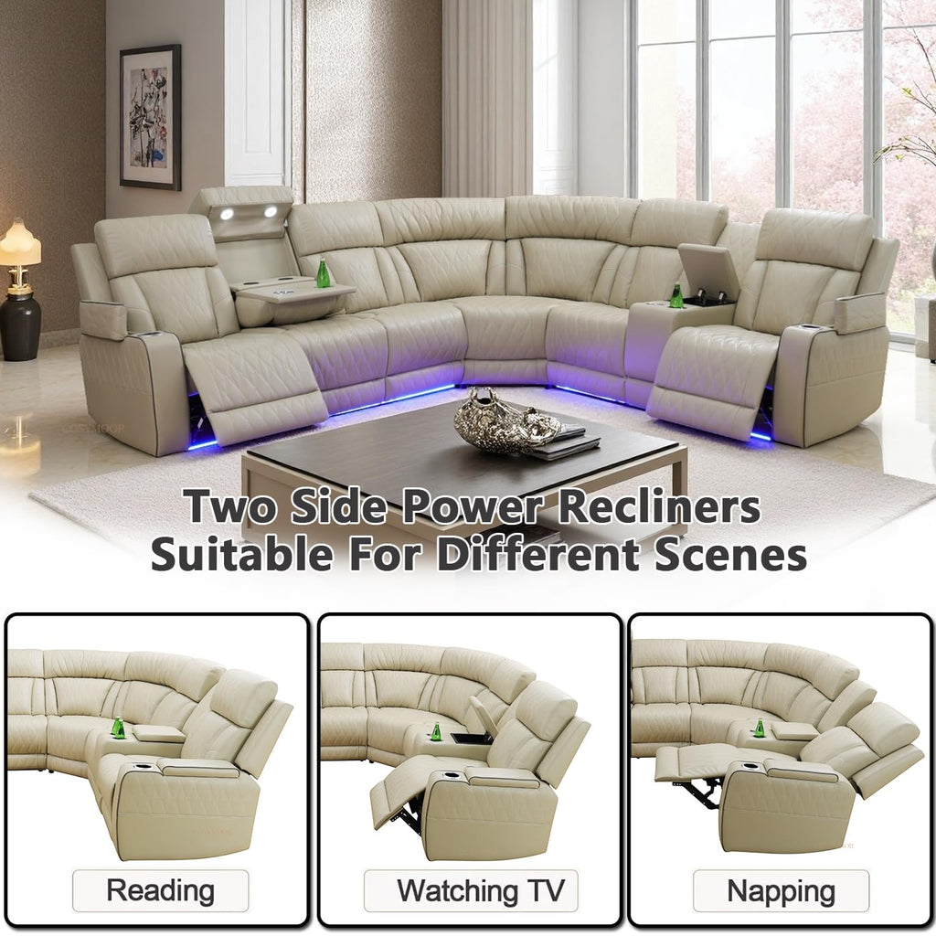 Living Room Furniture Sets, Power Recliner Sectional Sofa with LED Light, Leather Reclining Sectional Couches Set