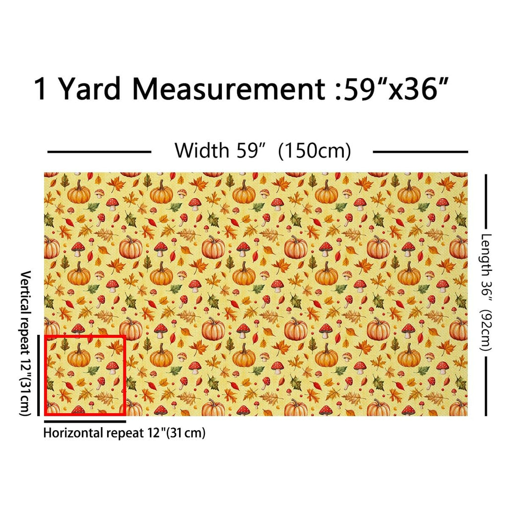 Pumpkin Mushroom Decorative Fabric by The Yard, Autumn Fall Harvest Outdoor DIY Art Waterproof Fabric, Maple Leaves