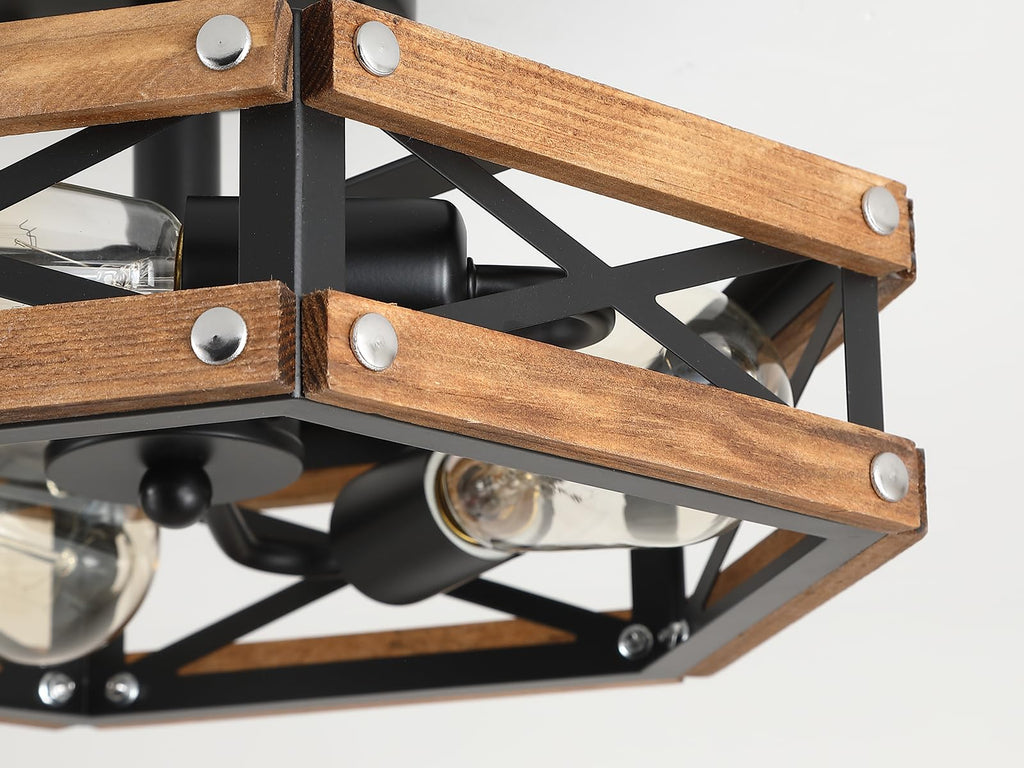 3-Light Rustic Farmhouse Wood Flush Mount Ceiling Light Fixture Oak Wood and Metal Cage Semi Flush Mount Ceiling