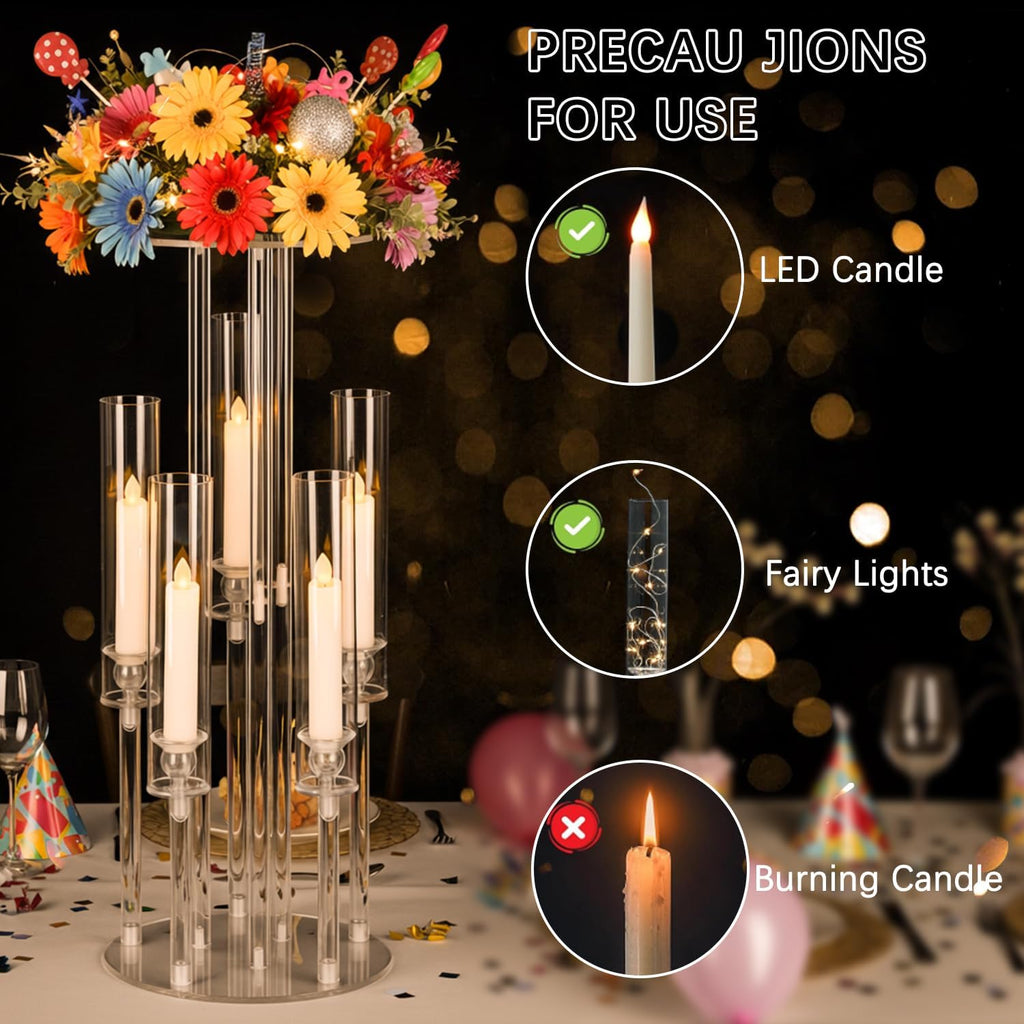 4PCS Acrylic Candelabra Centerpieces for Tables,2-in-1 Clear 5 Arm Candelabras &Flower Stand,Acrylic Centerpieces Stand