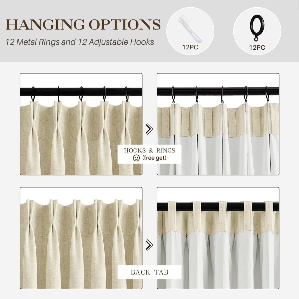 Cream Beige Pinch Pleated Full Blackout Linen Curtains 70x95