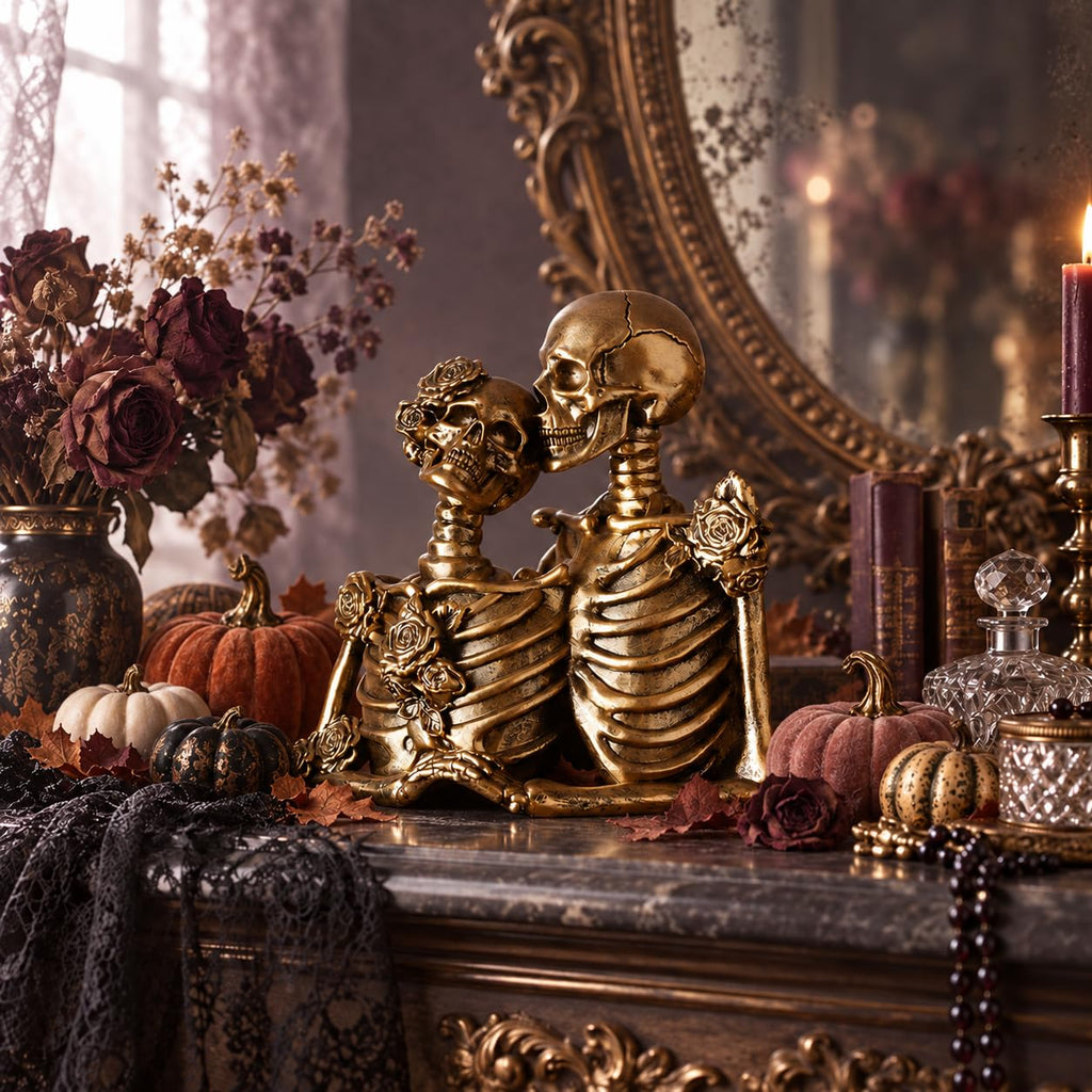 Skull Decor Halloween Decoration: Skeleton Couple Figurines Resin Gothic Statues Vintage Home Decor for Shelf Table
