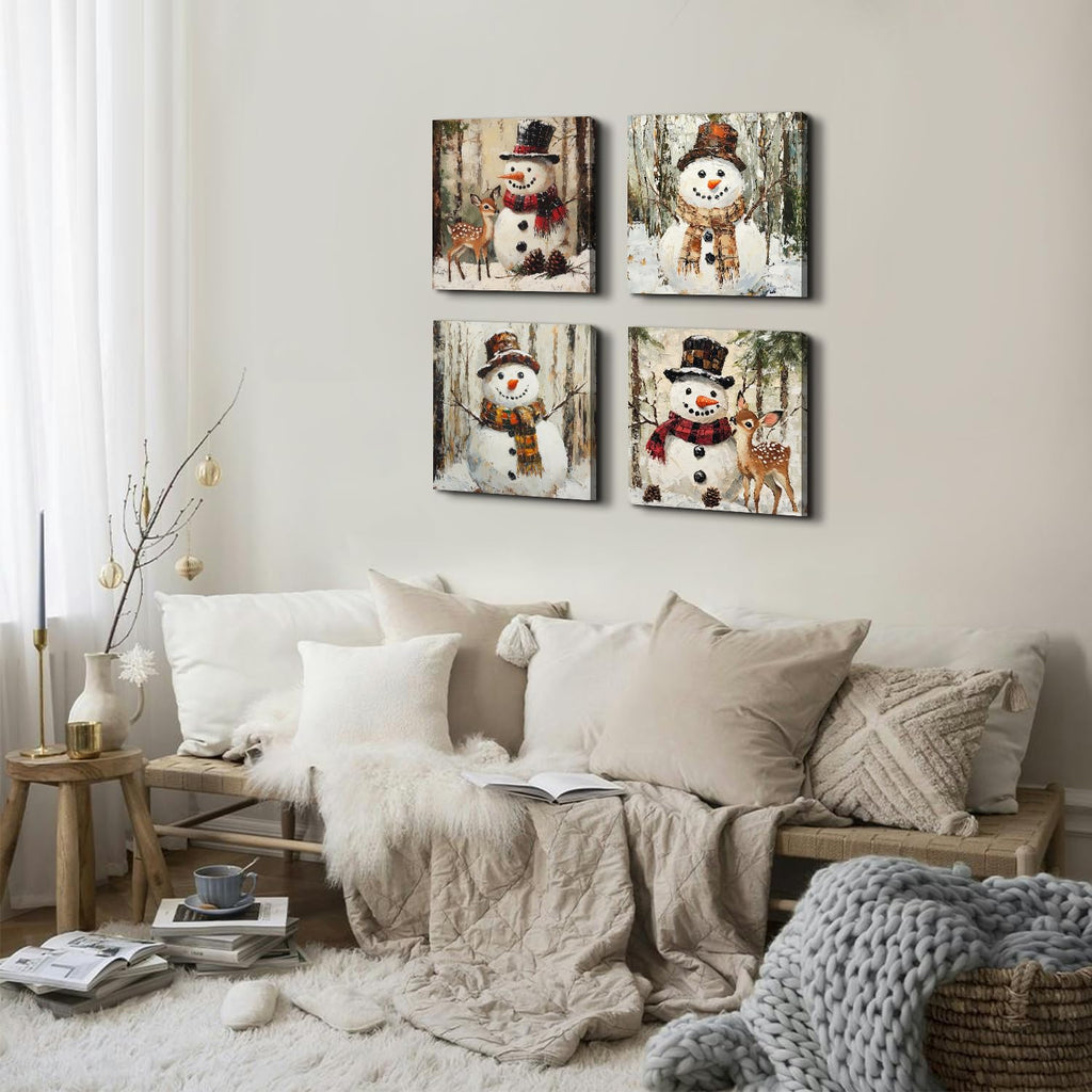 Christmas Snowman Canvas Wall Art Winter Holiday Home Decor Abstract Watercolor Snow Forest Pictures Vintage Snowman