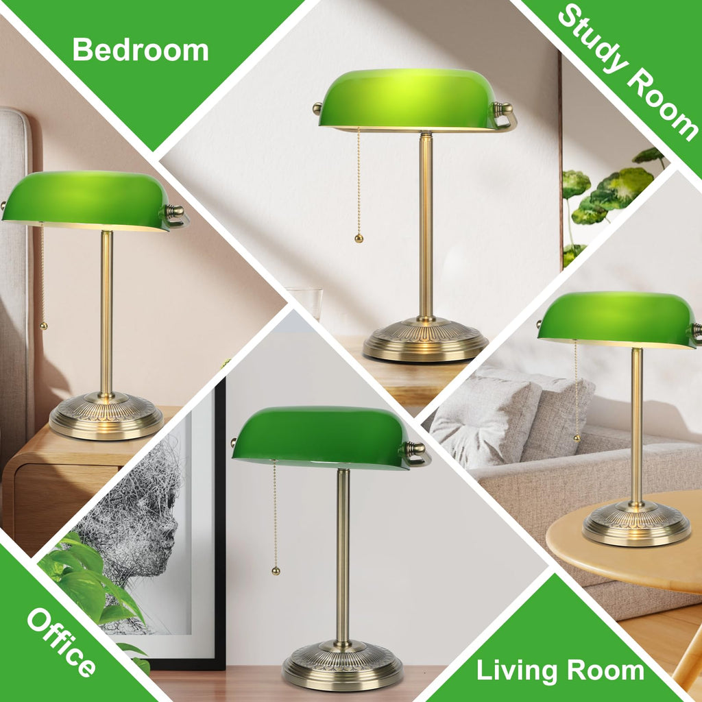 Bankers Lamp, Brass Finish with Pull Switch, Green Glass Shade
