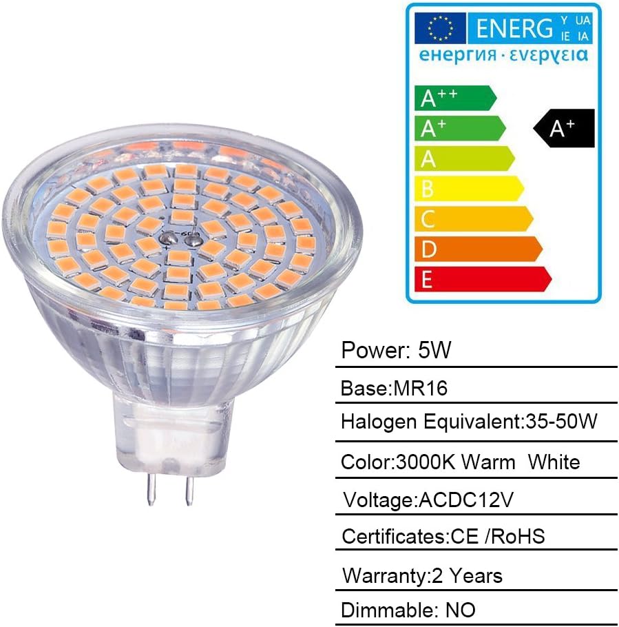 GU5.3 Light Bulbs 5W MR16 LED Bulbs 50W Halogen Bulbs Equivalent,ACDC 12V, 400lm, 120° Beam Angle, Warm White,Perfect
