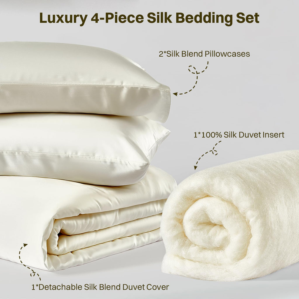 Silk Comforter Set 4 Pieces, All-Season 100% Silk Filled Comforter with Detachable Duvet Cover, Moisture-Wicking