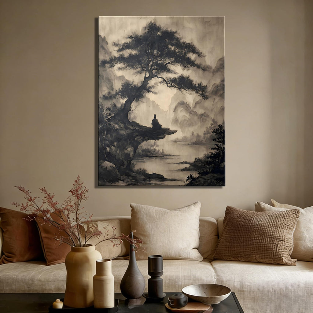 Framed Chinese Ink Meditation Monk Canvas Wall Art, Vintage Pine Mountain Landscape Canvas Prints Pictures, Zen wall