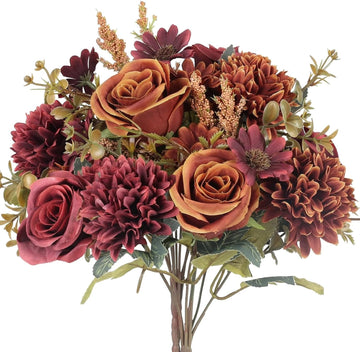 Artificial Fall Flowers, Fake Silk Fall Flowers, Orange+Red - Set of 2