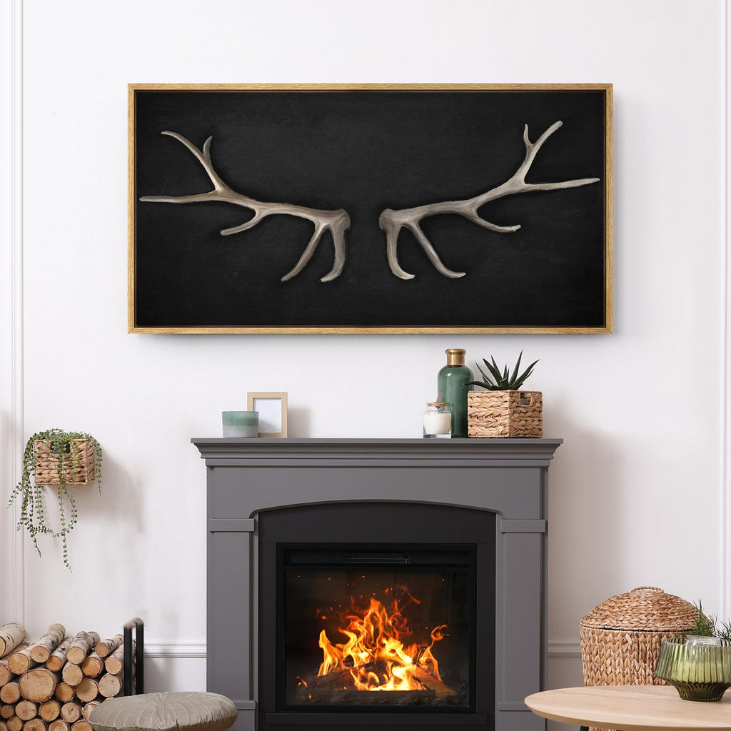 Extra Large Framed Canvas Print Wall Art Rustic Antler Antlers Lodge Illustrations Modern Art Calm Warm Office
