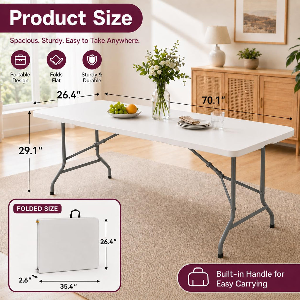 6FT Folding Table, Portable Fold-in-Half Plastic Utility Table with Carrying Handle, Heavy Duty Indoor Outdoor Dining